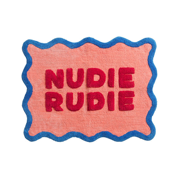 Embroidered patch with 'NUDIE RUDIE' text on a pink background