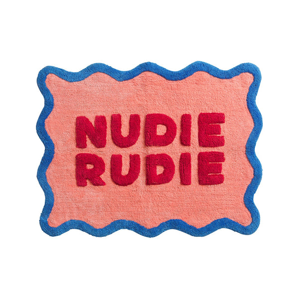 Embroidered patch with 'NUDIE RUDIE' text on a pink background