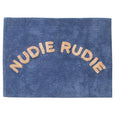 Blue towel with 'Nudie Rudie' text on a white background