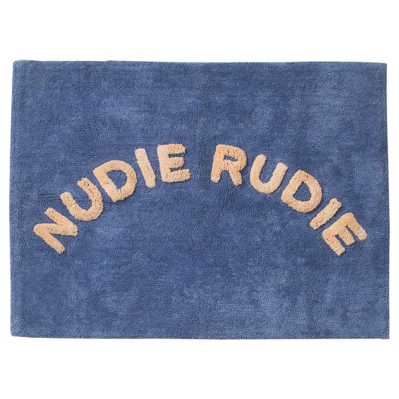 Blue towel with 'Nudie Rudie' text on a white background