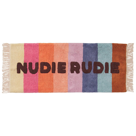 Striped rug with 'Nudie Rudie' text on a white background