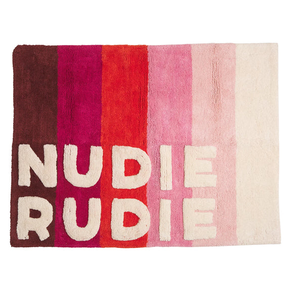 Striped rug with 'Nudie Rudie' text on a white background