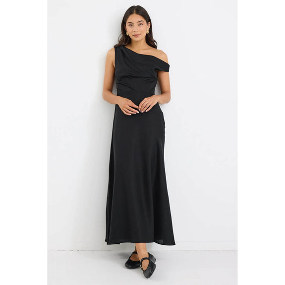 Spotlight Black Linen Blend Off Shoulder Flare Midi Dress