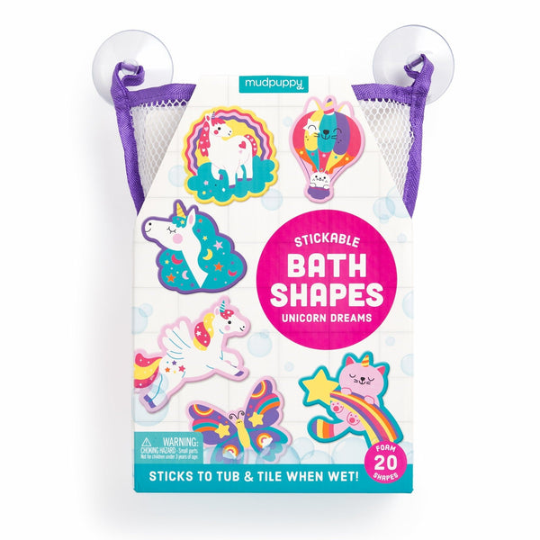 Packaging of Mudpuppy Stickable Bath Shapes with unicorn designs on a white background