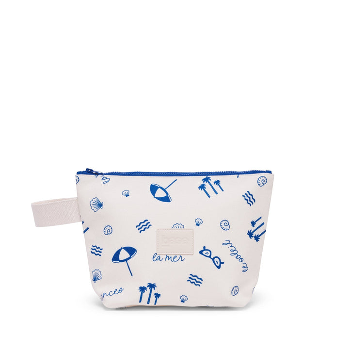 Small pouch with blue sea-themed patterns on a white background