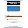 Women's belt sizing chart with measurements and a brown belt illustration.