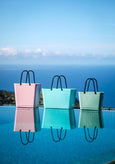 Three bags (pink, blue, green) reflected in water with a blue sky background