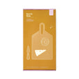 Wooden cutting board with a handle and gold knife icon on a white background