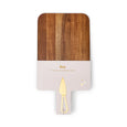 Wooden cutting board with a pink base and gold knife icon on a white background