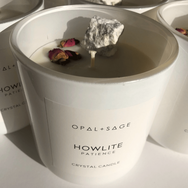 Opal & Sage Howlite crystal candle available from www.thecollectivenz.com