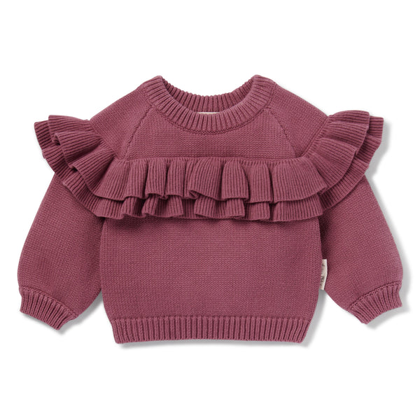 Aster & Oak berry ruffle jumper available from www.thecollectivenz.com