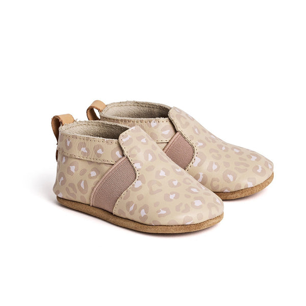 Pretty Brave blush leopard slip on baby shoes available from www.thecollectivenz.com