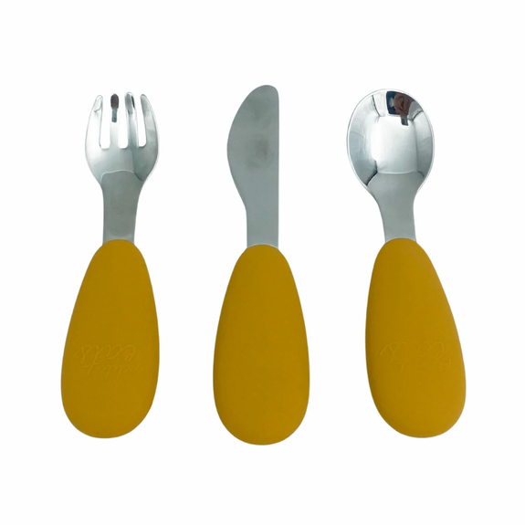 Petite Eats mustard metal cutlery set available from www.thecollectivenz.com