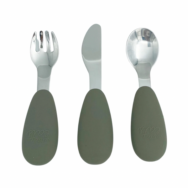 Petite Eats sage metal cutlery set available from www.thecollectivenz.com