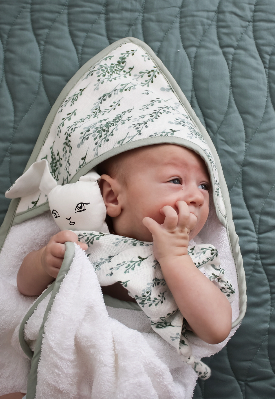 Burrow and Be string of pearls baby hooded towel available from www.thecollectivenz.com